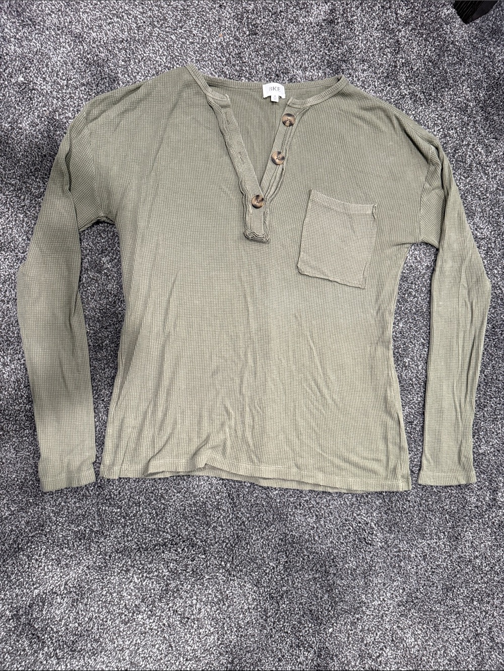 BKE Olive Green Women's Ribbed Button Henley Top